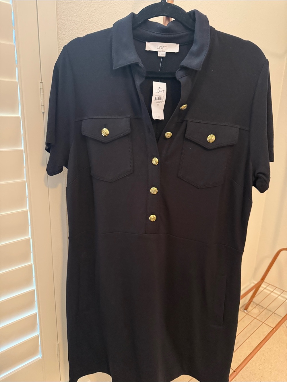 LOFT Black Polo Shirt Dress with Gold Buttons